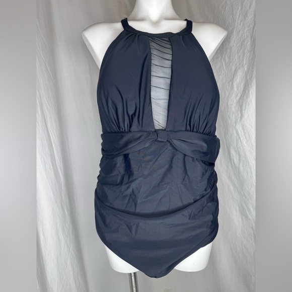 Black High Neck Mesh Panel One-Piece Swimsuit Tummy Control Sz 18 - Picture 2 of 4
